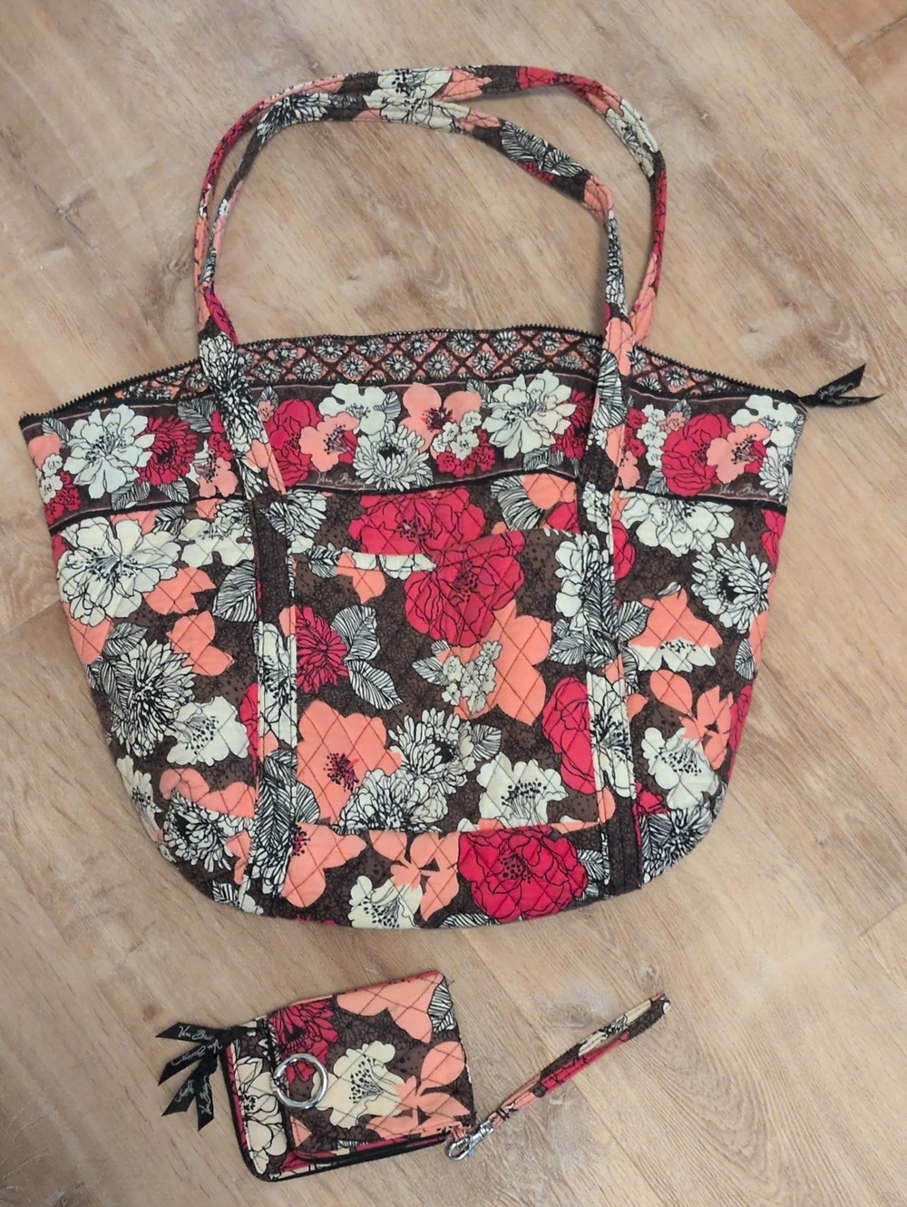 Vera Bradley Quilted Floral Tote Bag in Coral, Pink,& Black With Wristlet Wallet